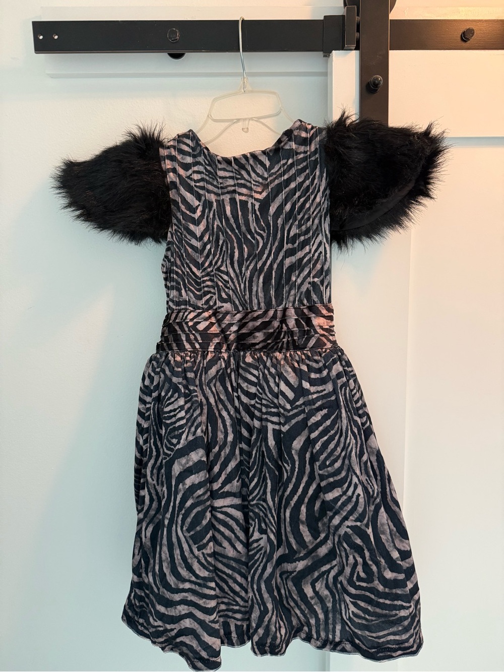 Chasing Fireflies Black and Gray Zebra-Print Dress with Faux Fur Sleeves